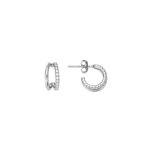 BOUCLES D'OREILLES TIGE ARGENT RHODIÉ CRÉOLES DOUBLE RANG LISSE ET OXYDES BLANCS