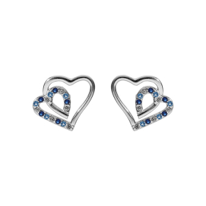 BOUCLES D'OREILLES TIGE ARGENT RHODIÉ DOUBLE COEUR 10MM CONTOUR OXYDES BLEUS ET BLANCS