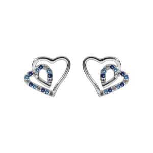 BOUCLES D'OREILLES TIGE ARGENT RHODIÉ DOUBLE COEUR 10MM CONTOUR OXYDES BLEUS ET BLANCS