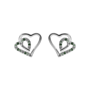 BOUCLES D'OREILLES TIGE ARGENT RHODIÉ DOUBLE COEUR 10MM CONTOUR OXYDES VERTS ET BLANCS