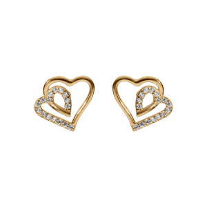 BOUCLES D'OREILLES TIGE ARGENT DORÉ  DOUBLE COEUR 10MM CONTOUR OXYDES BLANCS