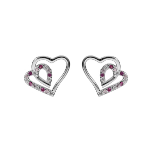 BOUCLES D'OREILLES TIGE ARGENT RHODIÉ DOUBLE COEUR 10MM CONTOUR OXYDES ROSE ET BLANCS