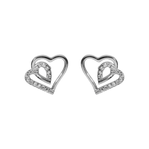 BOUCLES D'OREILLES TIGE ARGENT RHODIÉ DOUBLE COEUR 10MM CONTOUR OXYDES BLANCS