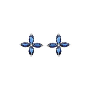 BOUCLES D'OREILLES TIGE ARGENT RHODIÉ FLEUR VERRE BLEU FONCÉ