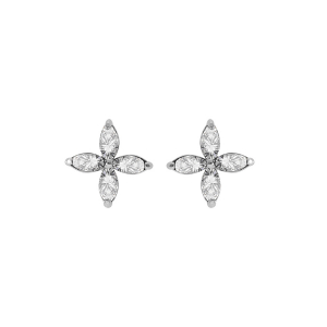 BOUCLES D'OREILLES TIGE ARGENT RHODIÉ FLEUR OXYDES BLANCS SERTI