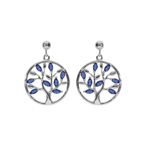 BOUCLES D'OREILLES TIGE ARGENT RHODIÉ PENDANTE CERCLE ARBRE DE VIE OXYDES BLEUS