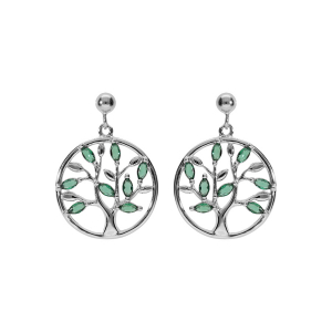 BOUCLES D'OREILLES TIGE ARGENT RHODIÉ PENDANTE CERCLE ARBRE DE VIE OXYDES VERT