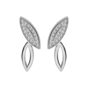 BOUCLES D'OREILLES TIGE ARGENT RHODIÉ FEUILLE TOI ET MOI EVIDÉE ET PAVAGE OXYDES BLANCS