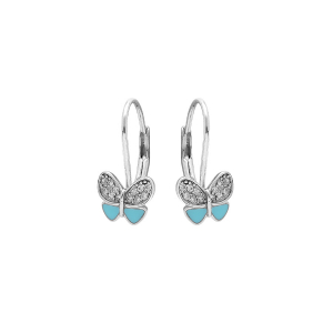 BOUCLES D'OREILLES DORMEUSE ARGENT RHODIÉ PAPILLON RÉSINE BLEU CIEL ET OXYDES BLANCS