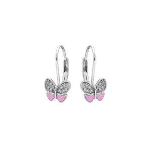 BOUCLES D'OREILLES DORMEUSE ARGENT RHODIÉ PAPILLON RÉSINE ROSE ET OXYDES BLANCS