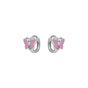 CRÉOLES ARGENT RHODIÉ ARTICULÉE PAPILLON RÉSINE ROSE ET OXYDES BLANCS