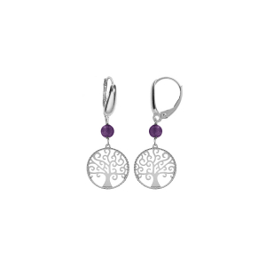 BOUCLES D'OREILLES DORMEUSE ARGENT RHODIÉ ARBRE DE VIE 15MM ET BOULE JADE VIOLETTE VÉRITABLE