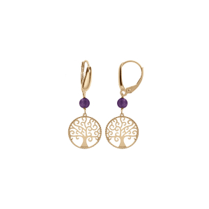 BOUCLES D'OREILLES DORMEUSE ARGENT DORÉ JAUNE ARBRE DE VIE 15MM ET BOULE JADE VIOLETTE VÉRITABLE