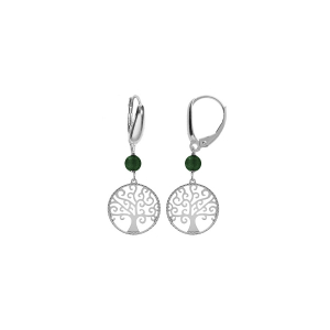 BOUCLES D'OREILLES DORMEUSE ARGENT RHODIÉ ARBRE DE VIE 15MM ET BOULE MALACHITE VÉRITABLE