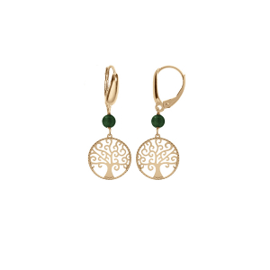 BOUCLES D'OREILLES DORMEUSE ARGENT DORÉ JAUNE ARBRE DE VIE 15MM ET BOULE MALACHITE VÉRITABLE