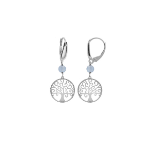 BOUCLES D'OREILLES DORMEUSE ARGENT RHODIÉ ARBRE DE VIE 15MM ET BOULE JADE BLEU CIEL VÉRITABLE