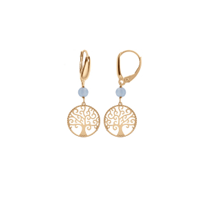 BOUCLES D'OREILLES DORMEUSE ARGENT DORÉ JAUNE ARBRE DE VIE 15MM ET BOULE JADE BLEU CIEL VÉRITABLE