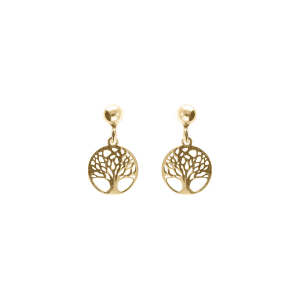 BOUCLES D'OREILLES TIGE ARGENT DORÉ JAUNE PENDANTE ARBRE DE VIE 10MM