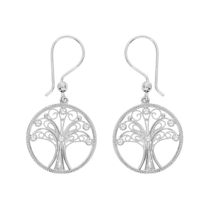 BOUCLES D'OREILLES ARGENT RHODIÉ CROCHET ARBRE DE VIE FILIGRANE ET OXYDES BLANCS SERTIS