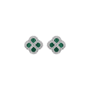 BOUCLES D'OREILLES TIGE ARGENT RHODIÉ MOTIF TREFLE MALACHITE VÉRITABLE CONTOUR OXYDES BLANCS