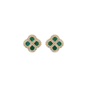 BOUCLES D'OREILLES TIGE ARGENT DORÉ MOTIF TREFLE MALACHITE VÉRITABLE CONTOUR OXYDES BLANCS