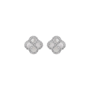 BOUCLES D'OREILLES TIGE ARGENT RHODIÉ TREFLE NACRE BLANCHE VÉRITABLE CONTOUR OXYDES BLANCS