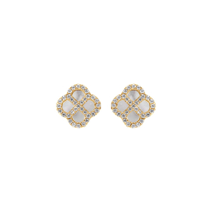 BOUCLES D'OREILLES TIGE ARGENT DORÉ MOTIF TREFLE NACRE VÉRITABLE CONTOUR OXYDES BLANCS
