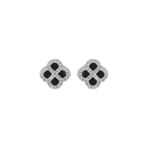 BOUCLES D'OREILLES TIGE ARGENT RHODIÉ TREFLE AGATE NOIR VÉRITABLE CONTOUR OXYDES BLANCS