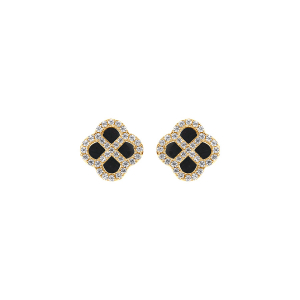 BOUCLES D'OREILLES TIGE ARGENT DORÉ TREFLE AGATE NOIR VÉRITABLE CONTOUR OXYDES BLANCS