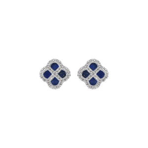 BOUCLES D'OREILLES TIGE ARGENT RHODIÉ TREFLE VERRE BLEU FONCÉ CONTOUR OXYDES BLANCS