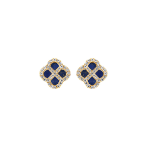 BOUCLES D'OREILLES TIGE ARGENT DORÉ TREFLE VERRE BLEU FONCÉ CONTOUR OXYDES BLANCS