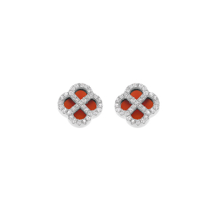 BOUCLES D'OREILLES TIGE ARGENT RHODIÉ TREFLE AGATE ROUGE VÉRITABLE CONTOUR OXYDES BLANCS