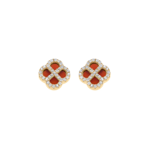 BOUCLES D'OREILLES TIGE ARGENT DORÉ TREFLE AGATE ROUGE VÉRITABLE CONTOUR OXYDES BLANCS