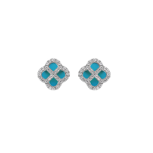 BOUCLES D'OREILLES TIGE ARGENT RHODIÉ TREFLE TURQUOISE IMITATION CONTOUR OXYDES BLANCS