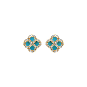 BOUCLES D'OREILLES TIGE ARGENT DORÉ TREFLE TURQUOISE IMITATION CONTOUR OXYDES BLANCS