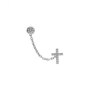 BOUCLES D'OREILLES ARGENT RHODIÉ CHAINETTE OXYDE BLANC SERTI CLOS 4MM ET CROIX OXYDES BLANCS SERTIS