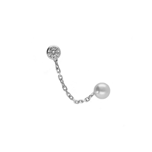 BOUCLES D'OREILLES ARGENT RHODIÉ CHAINETTE OXYDE BLANC 4MM SERTIS CLOS  ET PERLE IMITATION BLANCHE  5MM