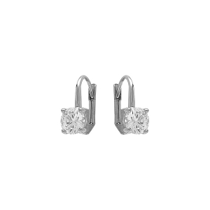 BOUCLES D'OREILLES ARGENT RHODIÉ DORMEUSE PIERRE RONDE BLANCHE SYNTHETIQUE 6MM 4 GRIFFES