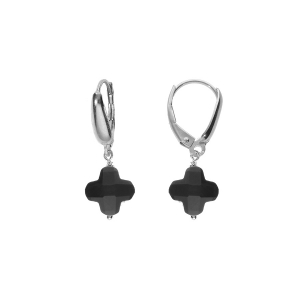 BOUCLES D'OREILLES TIGE ARGENT RHODIÉ TREFLE EN VERRE FACETTÉ NOIR