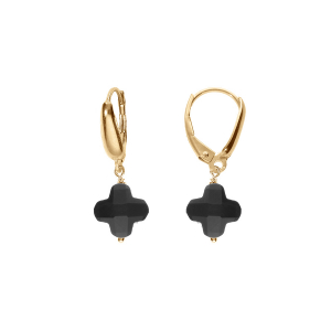 BOUCLES D'OREILLES TIGE ARGENT DORÉ TREFLE EN VERRE FACETTÉ NOIR