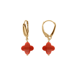 BOUCLES D'OREILLES TIGE ARGENT DORÉ  TREFLE EN VERRE FACETTÉ ROUGE
