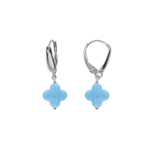BOUCLES D'OREILLES TIGE ARGENT RHODIÉ TREFLE EN VERRE FACETTÉ BLEU CIEL