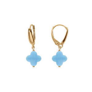 BOUCLES D'OREILLES TIGE ARGENT DORÉ TREFLE EN VERRE FACETTÉ BLEU CIEL