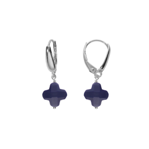 BOUCLES D'OREILLES TIGE ARGENT RHODIÉ TREFLE EN VERRE FACETTÉ BLEU MARINE