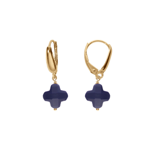 BOUCLES D'OREILLES TIGE ARGENT DORÉ TREFLE EN VERRE FACETTÉ BLEU MARINE