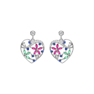 BOUCLES D'OREILLES TIGE ARGENT RHODIÉ COEUR AVEC FLEURS OXYDES MULTI COULEURS