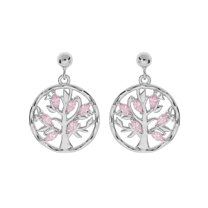 BOUCLES D'OREILLES TIGE ARGENT RHODIÉ PENDENTIF ARBRE DE VIE OXYDES ROSE