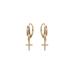 BOUCLES D'OREILLES ARGENT DORÉ DORMEUSE CROIX OXYDES BLANCS