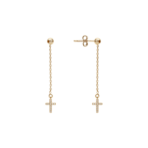 BOUCLES D'OREILLES TIGE ARGENT DORÉ CHAINETTE ET CROIX OXYDES BLANCS