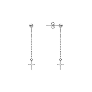 BOUCLES D'OREILLES TIGE ARGENT RHODIÉ CHAINETTE ET CROIX OXYDES BLANCS